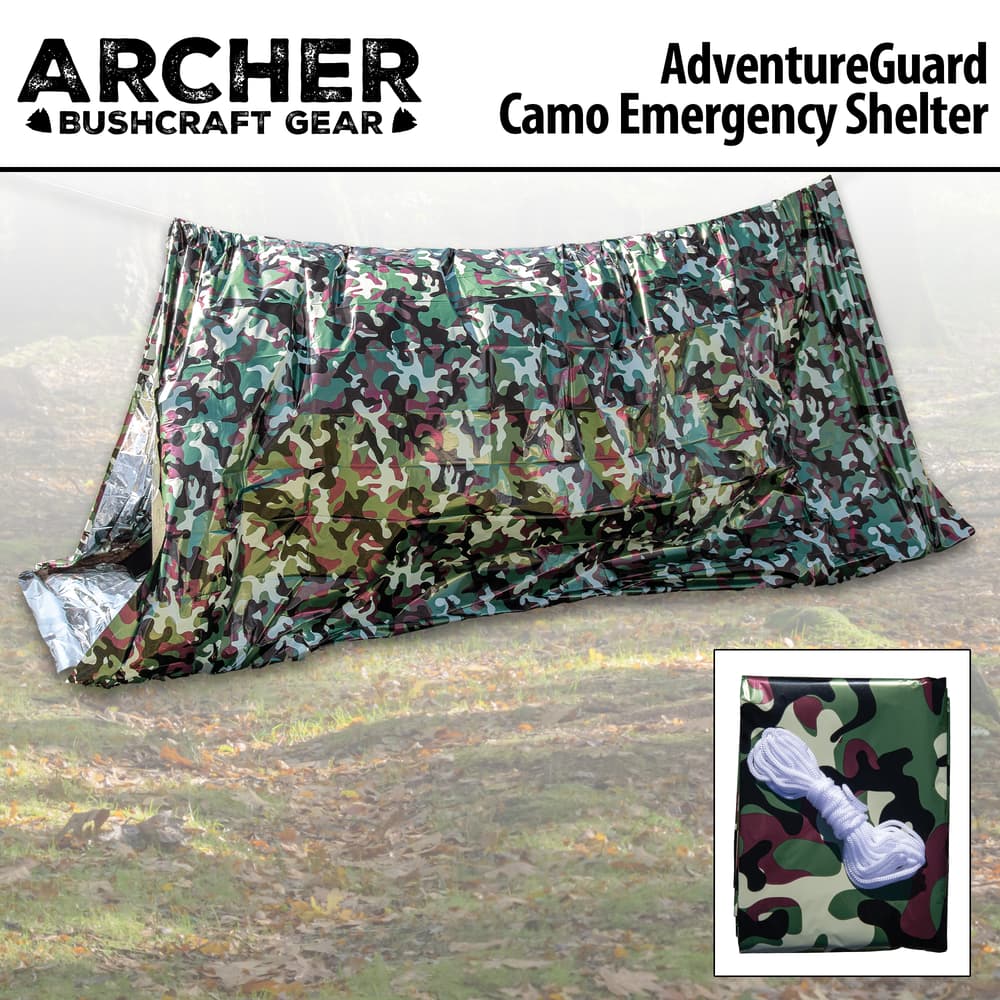 Full image of the Archer Bushcraft AdventureGuard Camo Emergency Shelter. image number 0